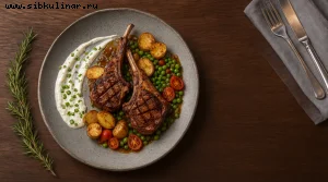 Отбивные из ягнятины с коктейльными помидорами и зеленым горошком