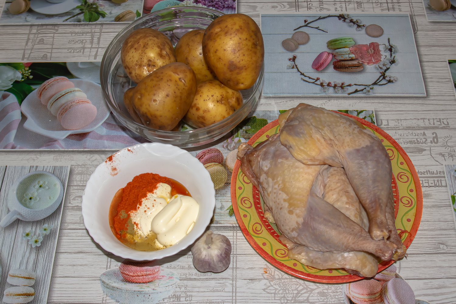продукты для рецепта Куриные окорочка, запеченные с картошкой