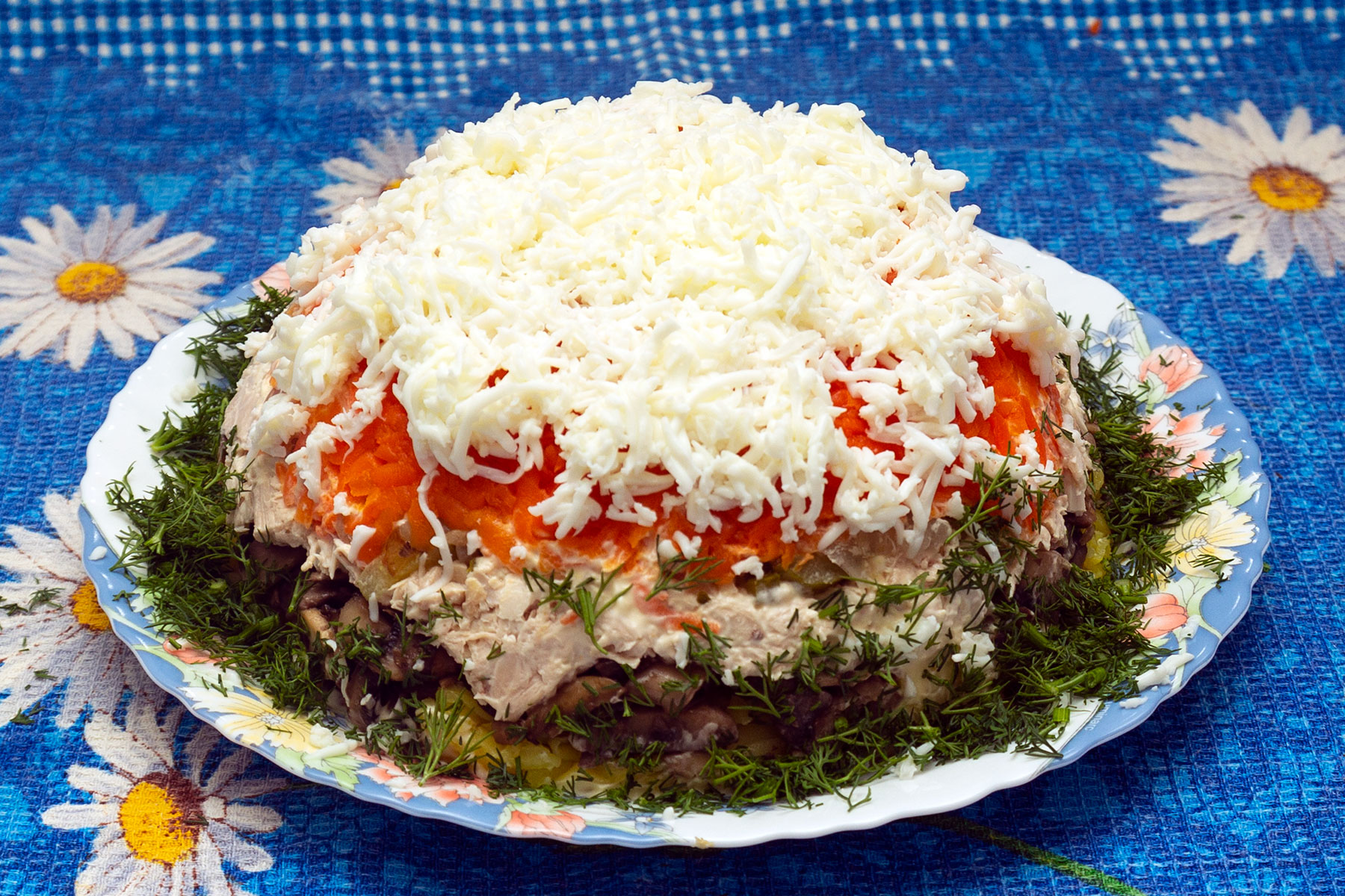 Салат с курицей и жареными шампиньонами