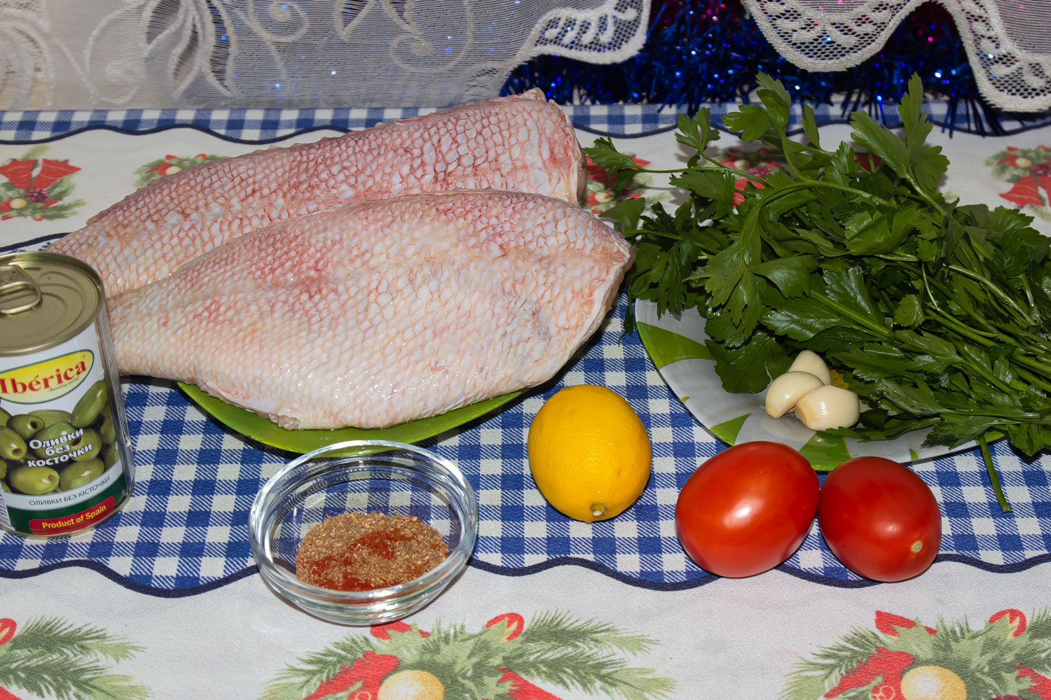 продукты для рецепта Морской окунь под соусом с травами