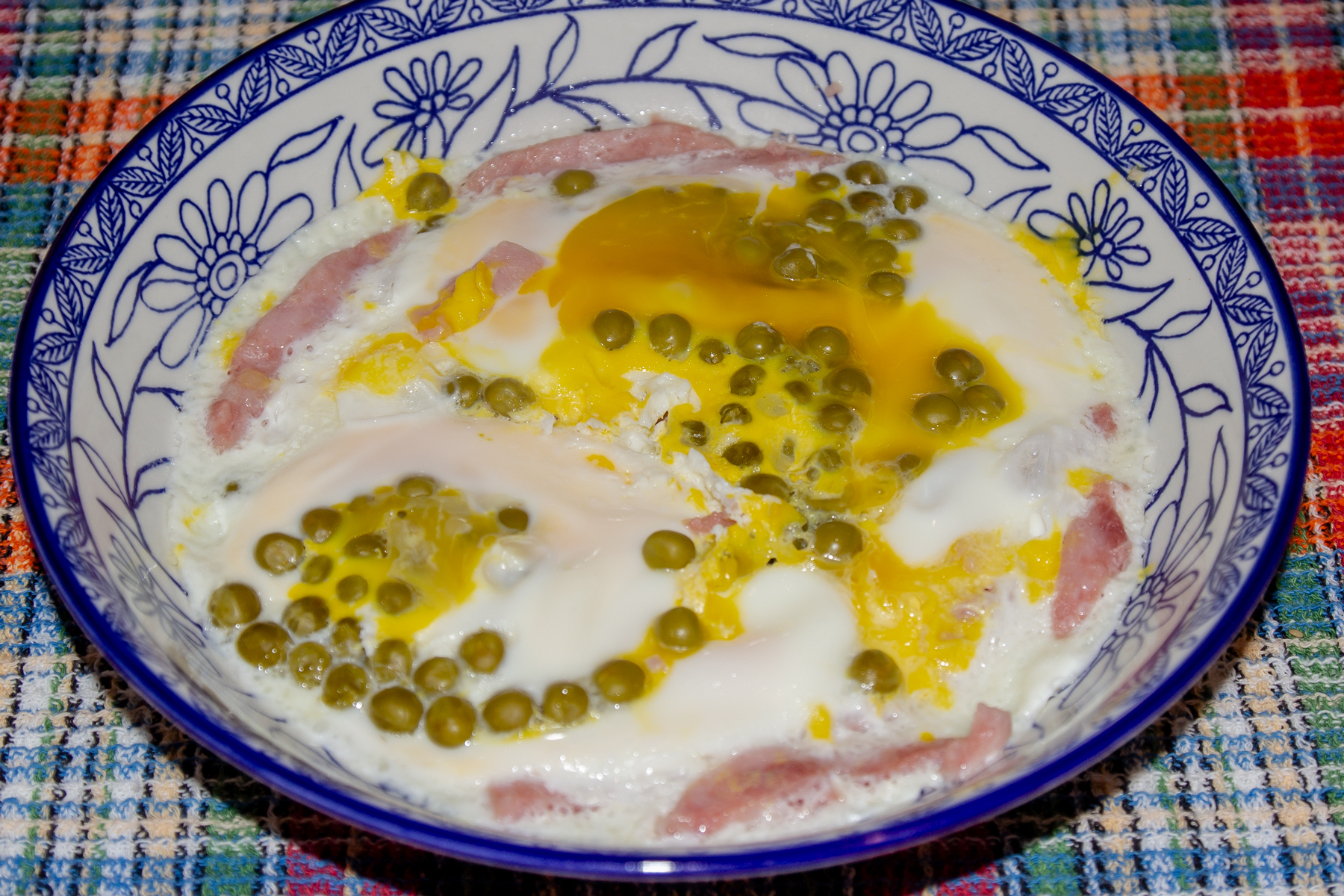 Яичница-глазунья с ветчиной и горошком